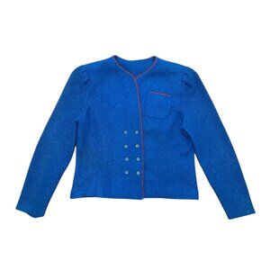 Title: Vintage 1990s Blue Wool Blazer Jacket Cropped Tailored Minimalist